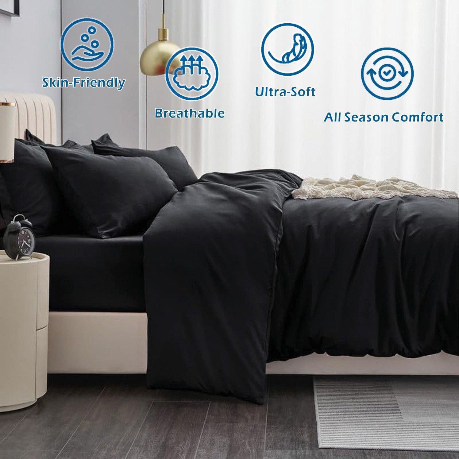 2000TC Microfibre Zipper Quilt Cover Set - 3 Piece, Black, Queen