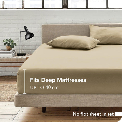 3 Piece 2000TC Microfibre 40cm Deep Pocket Fitted Sheet Set with Pillowcases - Camel Beige Queen