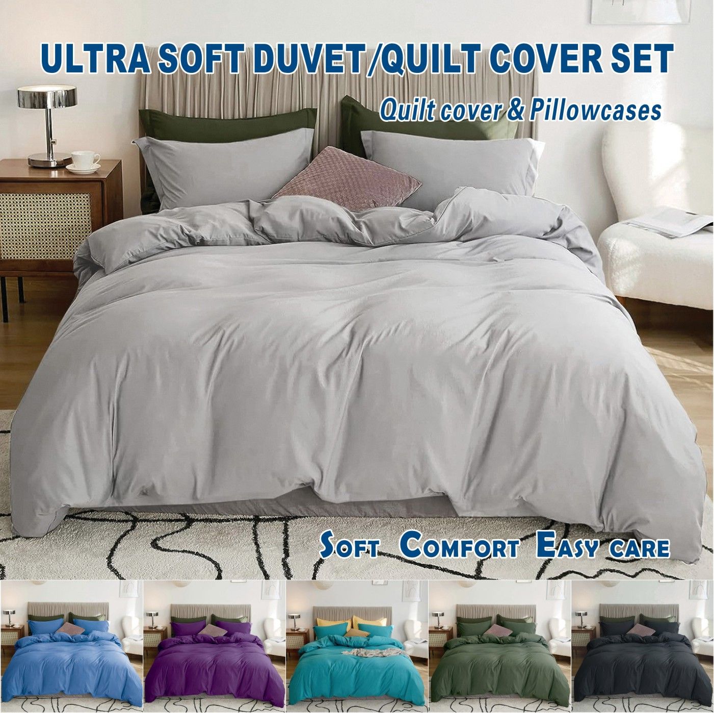 2000TC Microfibre Zipper Quilt Cover Set - 2 Piece, Silver Gray, Single