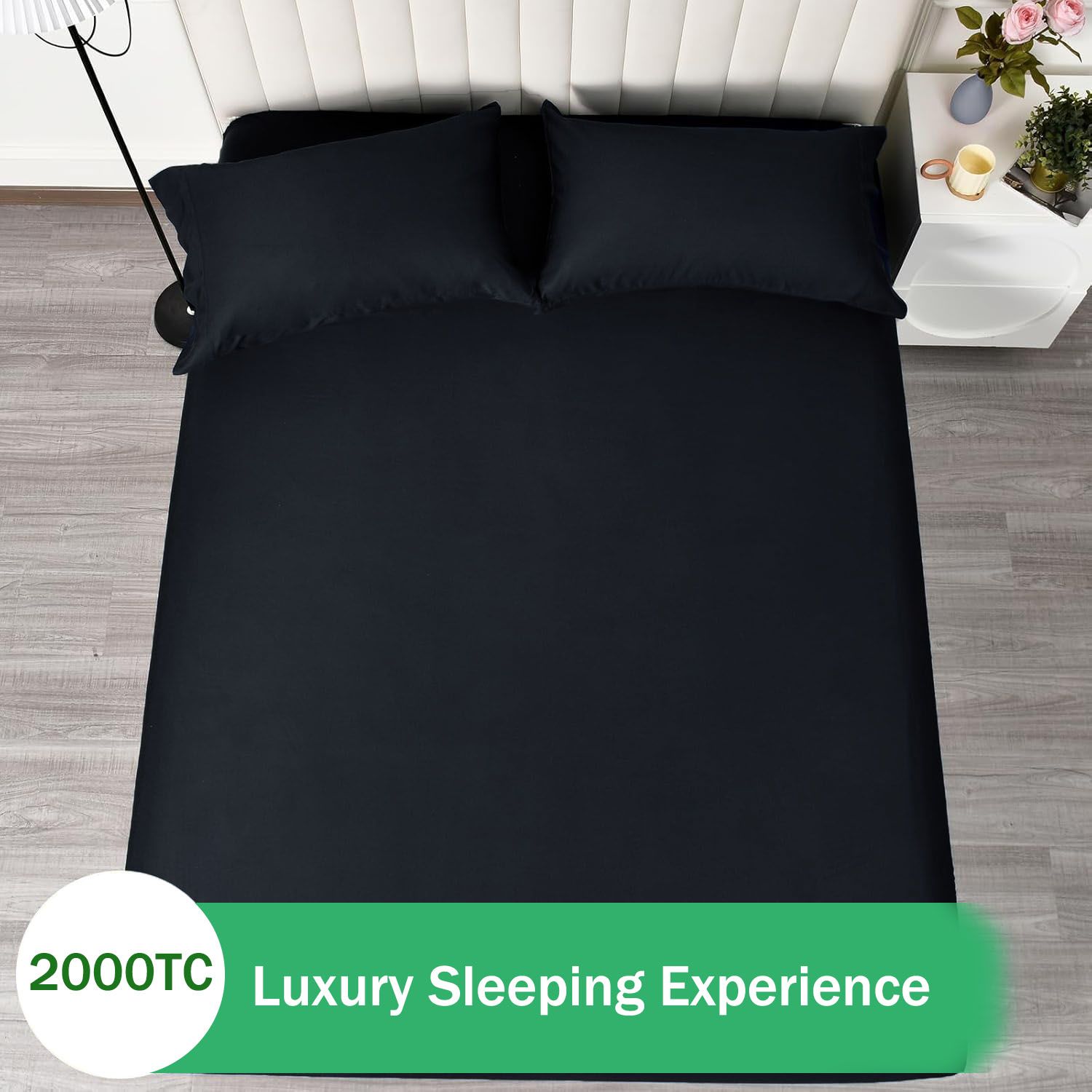 3 Piece 2000TC Microfibre 40cm Deep Pocket Fitted Sheet Set with Pillowcases - Black Super King