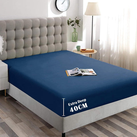 Hotel Quality 1 Piece Navy Microfiber 40cm Deep Pocket Fitted Sheet - Super King