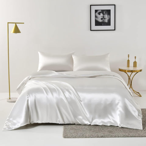 3 Piece Satin Quilt Cover Set with Pillowcases - White Double