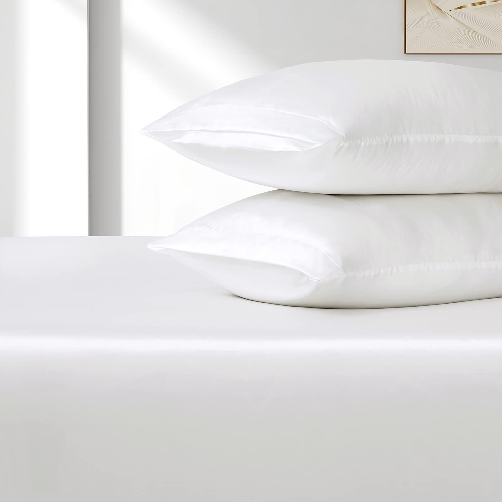 3 Piece Satin Fitted Sheet Set with Pillowcases - White Double