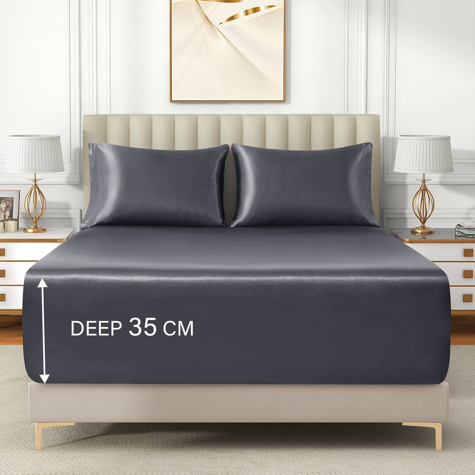 3 Piece Satin Fitted Sheet Set with Pillowcases - Grey Double