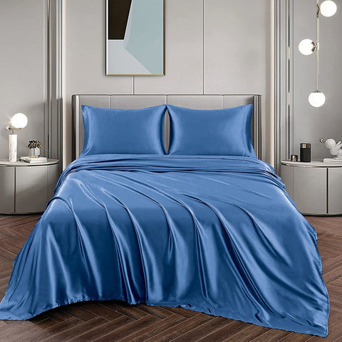 Art Silk Satin 4 Piece Sheet Set with Fitted & Flat Sheet - Ocean Double