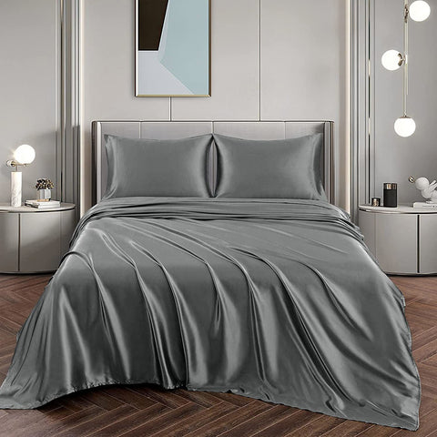 Art Silk Satin 4 Piece Sheet Set with Fitted & Flat Sheet - Grey Double