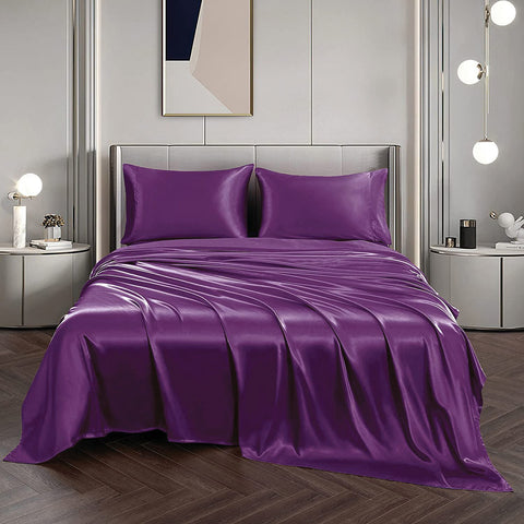 Art Silk Satin 4 Piece Sheet Set with Fitted & Flat Sheet - Purple Double