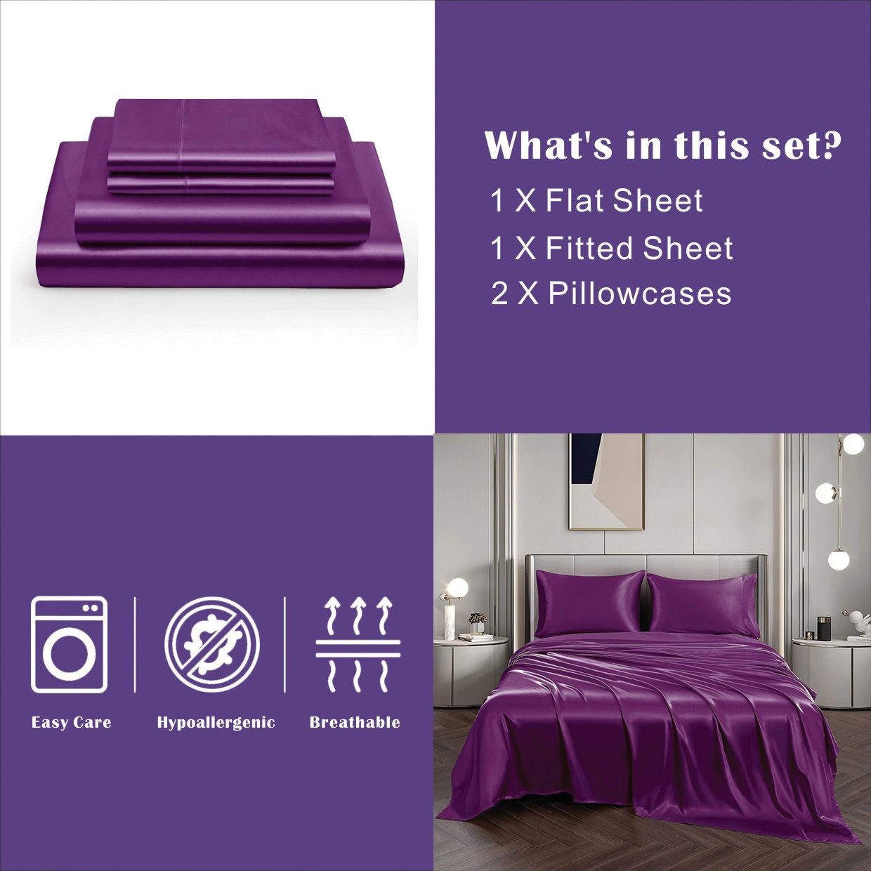 Art Silk Satin 4 Piece Sheet Set with Fitted & Flat Sheet - Purple Double