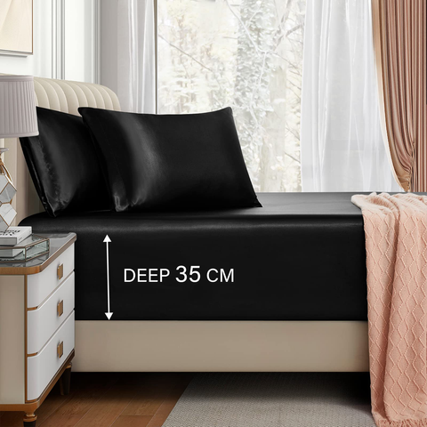 3 Piece Satin Fitted Sheet Set with Pillowcases - Black King