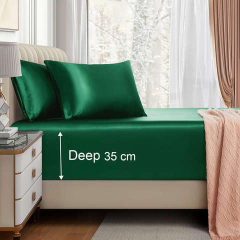 3 Piece Satin Fitted Sheet Set with Pillowcases - Green King