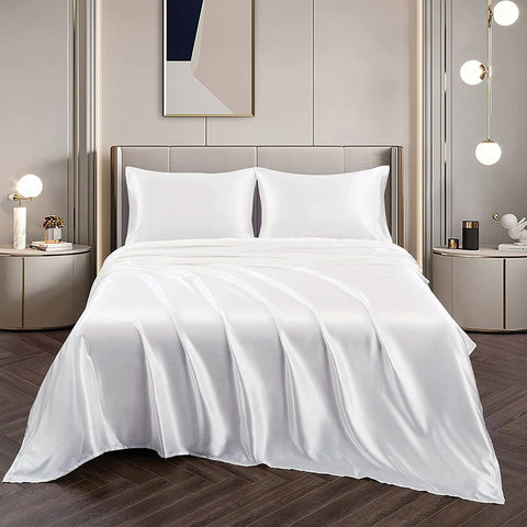 Art Silk Satin 4 Piece Sheet Set with Fitted & Flat Sheet - White King