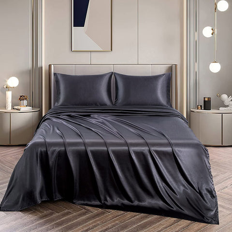 Art Silk Satin 4 Piece Sheet Set with Fitted & Flat Sheet - Black King