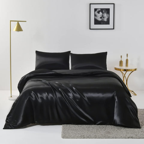 3 Piece Satin Quilt Cover Set with Pillowcases - Black Queen