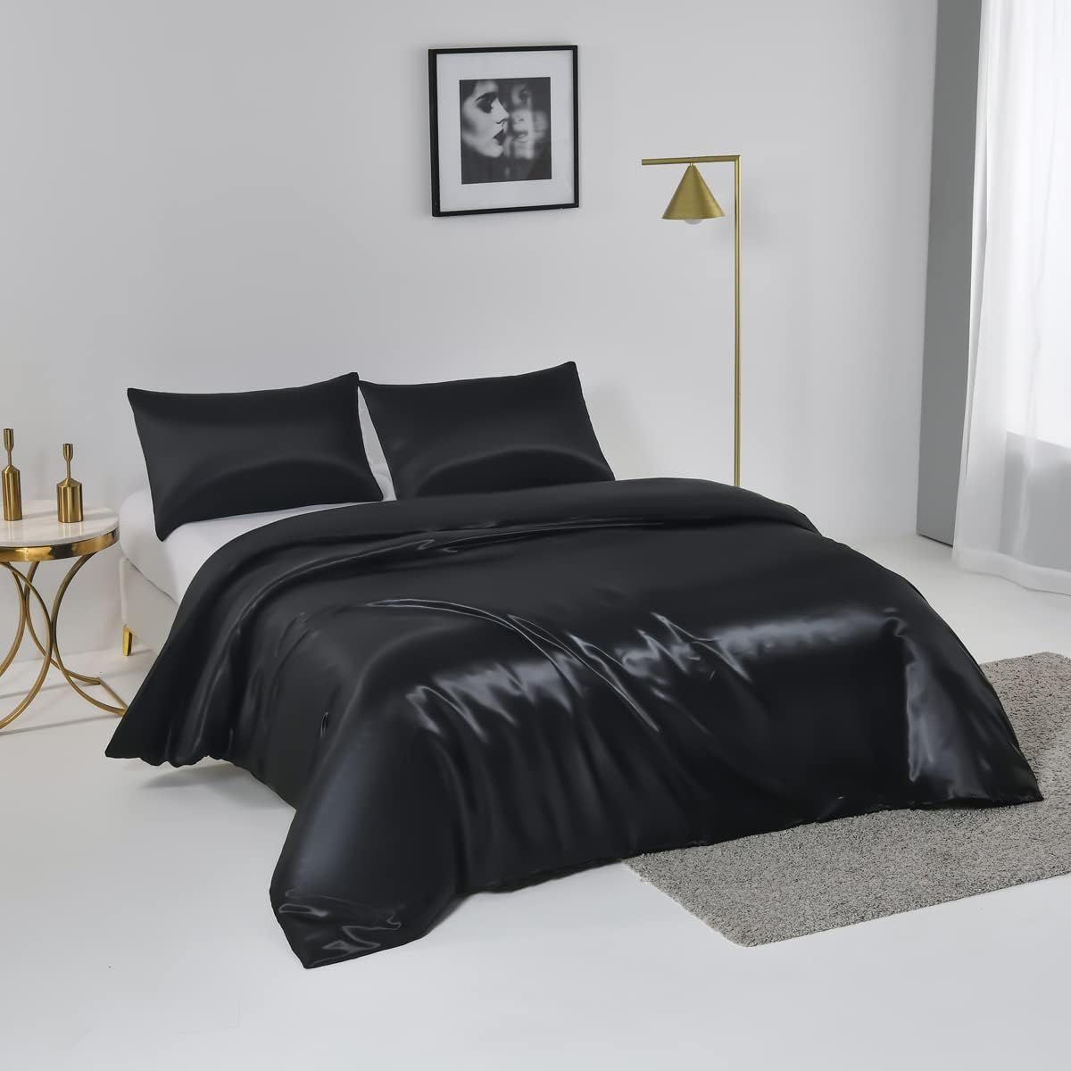 3 Piece Satin Quilt Cover Set with Pillowcases - Black Queen