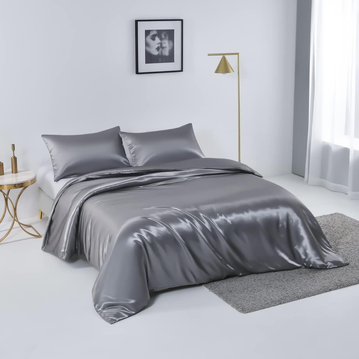 3 Piece Satin Quilt Cover Set with Pillowcases - Grey Queen