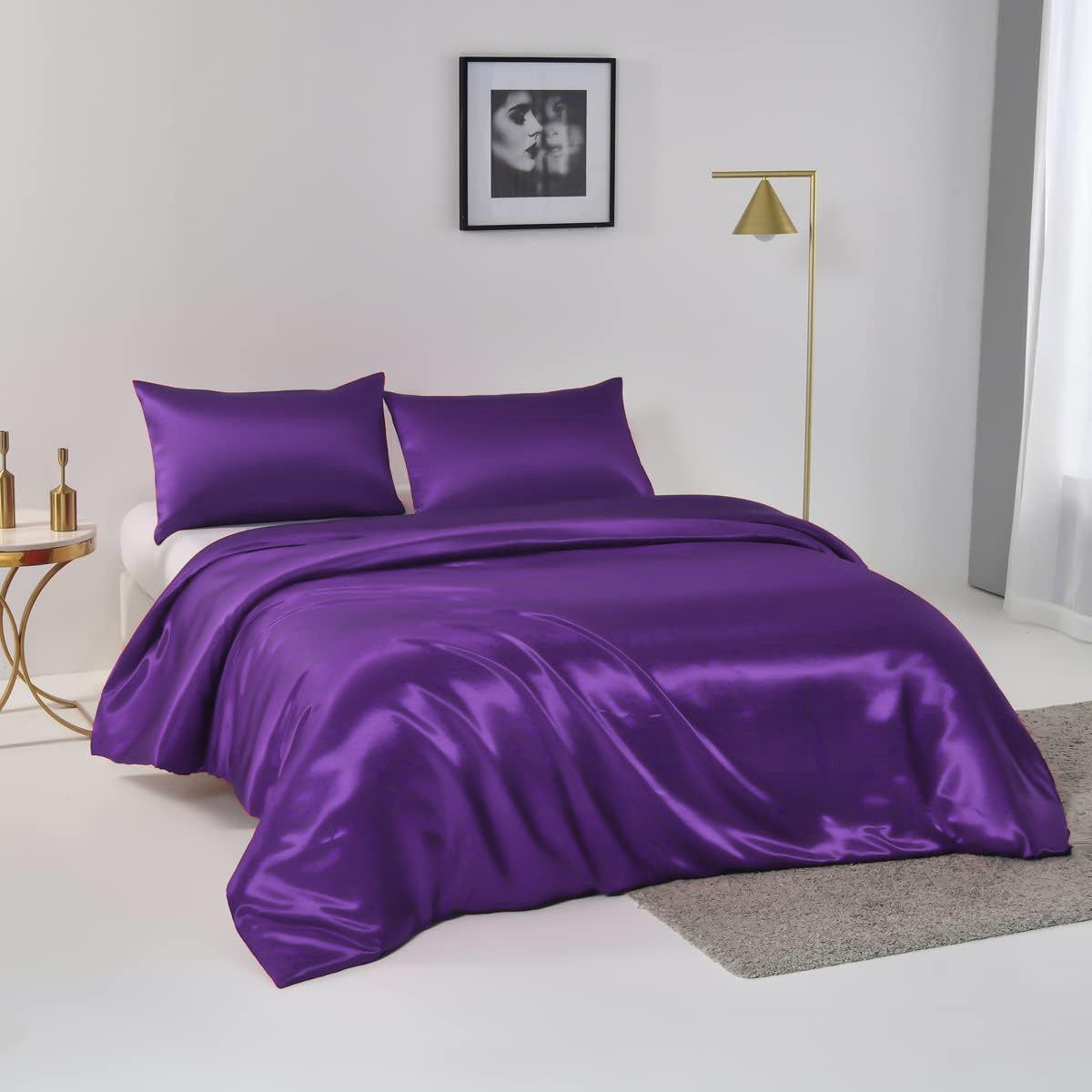 3 Piece Satin Quilt Cover Set with Pillowcases - Purple Queen