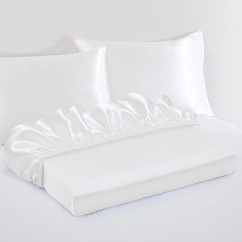 3 Piece Satin Fitted Sheet Set with Pillowcases - White Queen