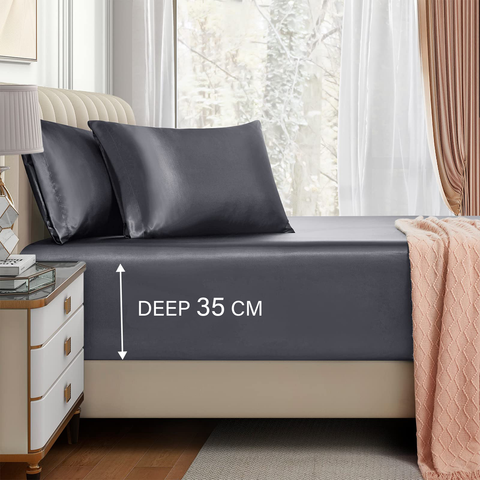 3 Piece Satin Fitted Sheet Set with Pillowcases - Grey Queen