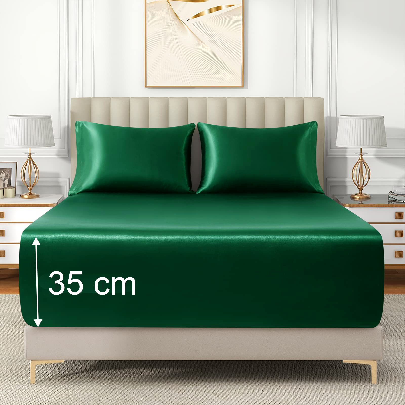 3 Piece Satin Fitted Sheet Set with Pillowcases - Green Queen