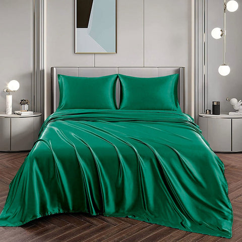 Art Silk Satin 4 Piece Sheet Set with Fitted & Flat Sheet - Green Queen