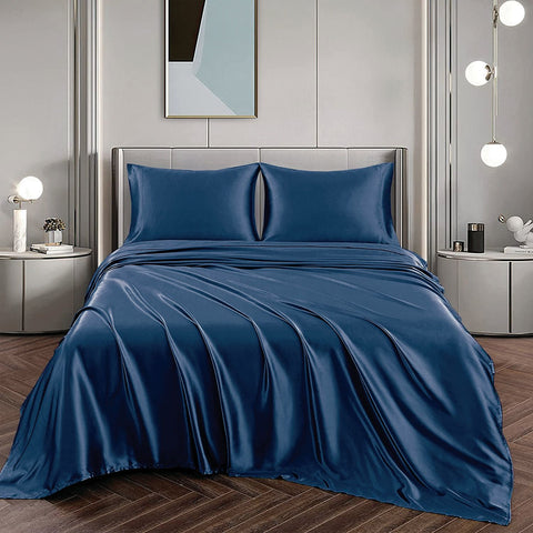 Art Silk Satin 4 Piece Sheet Set with Fitted & Flat Sheet - Navy Queen