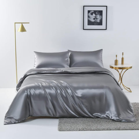 3 Piece Satin Quilt Cover Set with Pillowcases - Grey Super King