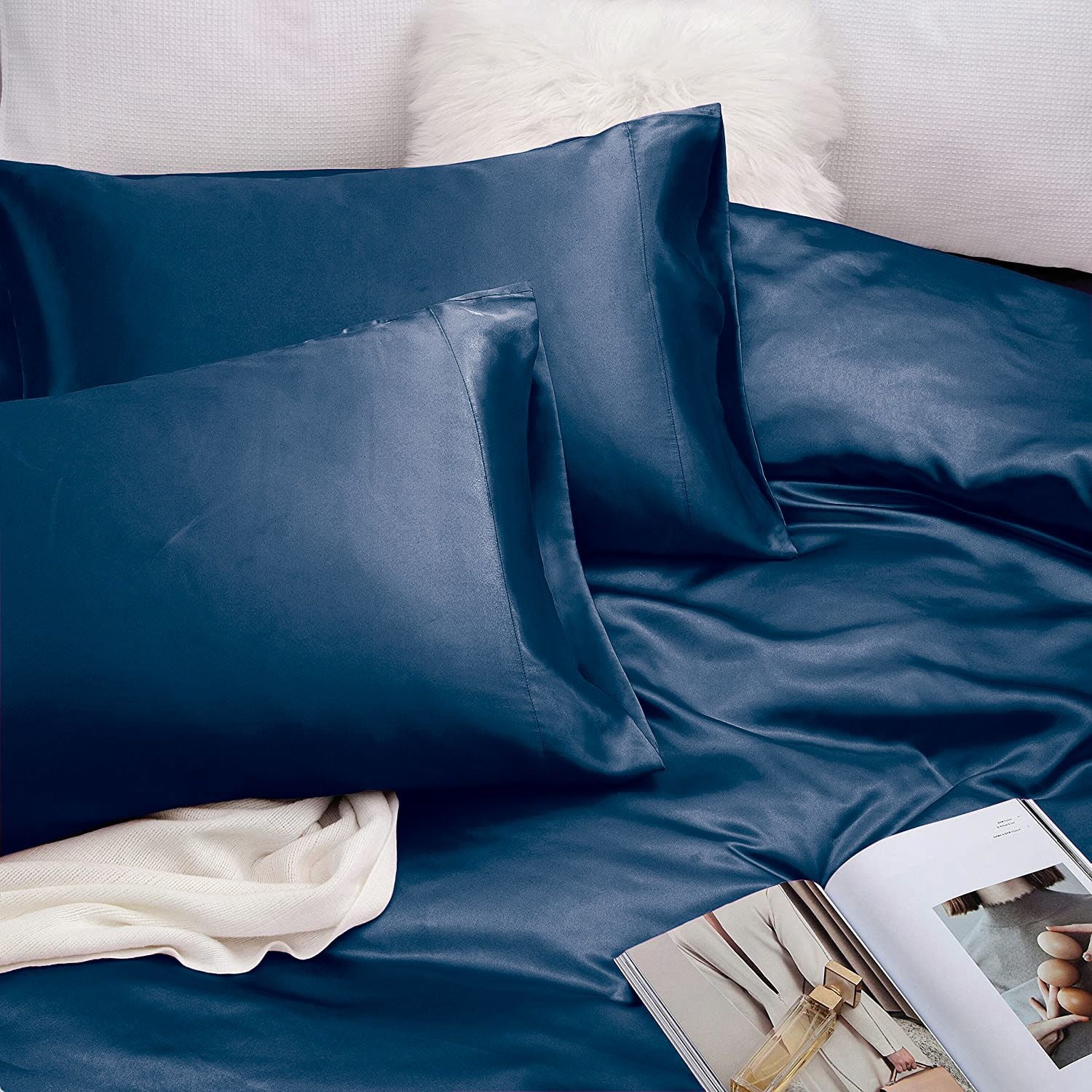 Art Silk Satin 4 Piece Sheet Set with Fitted & Flat Sheet - Navy Super King