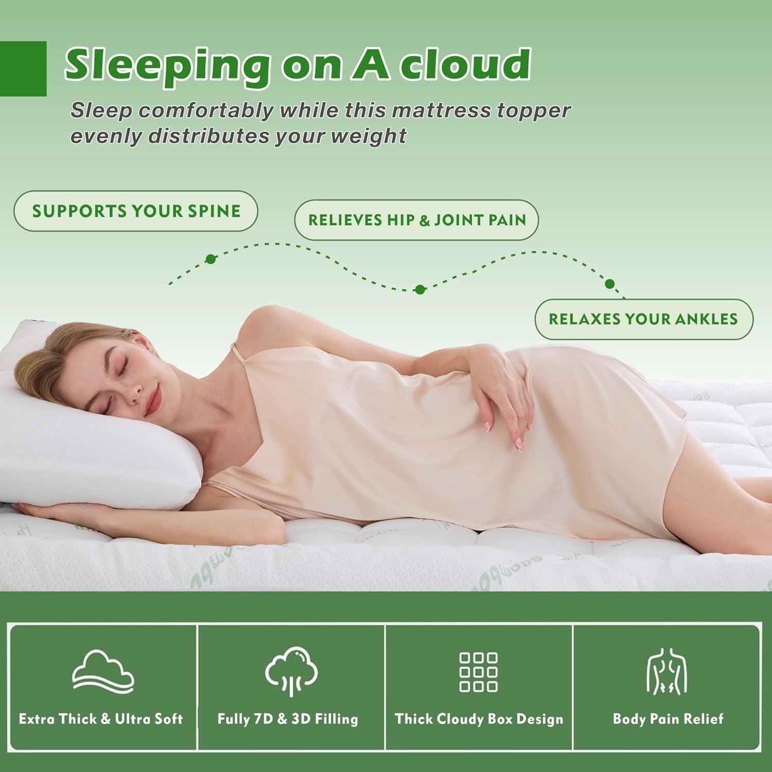 Premium 800GSM Bamboo Viscose Mattress Topper Double Green 45cm Deep Skirt