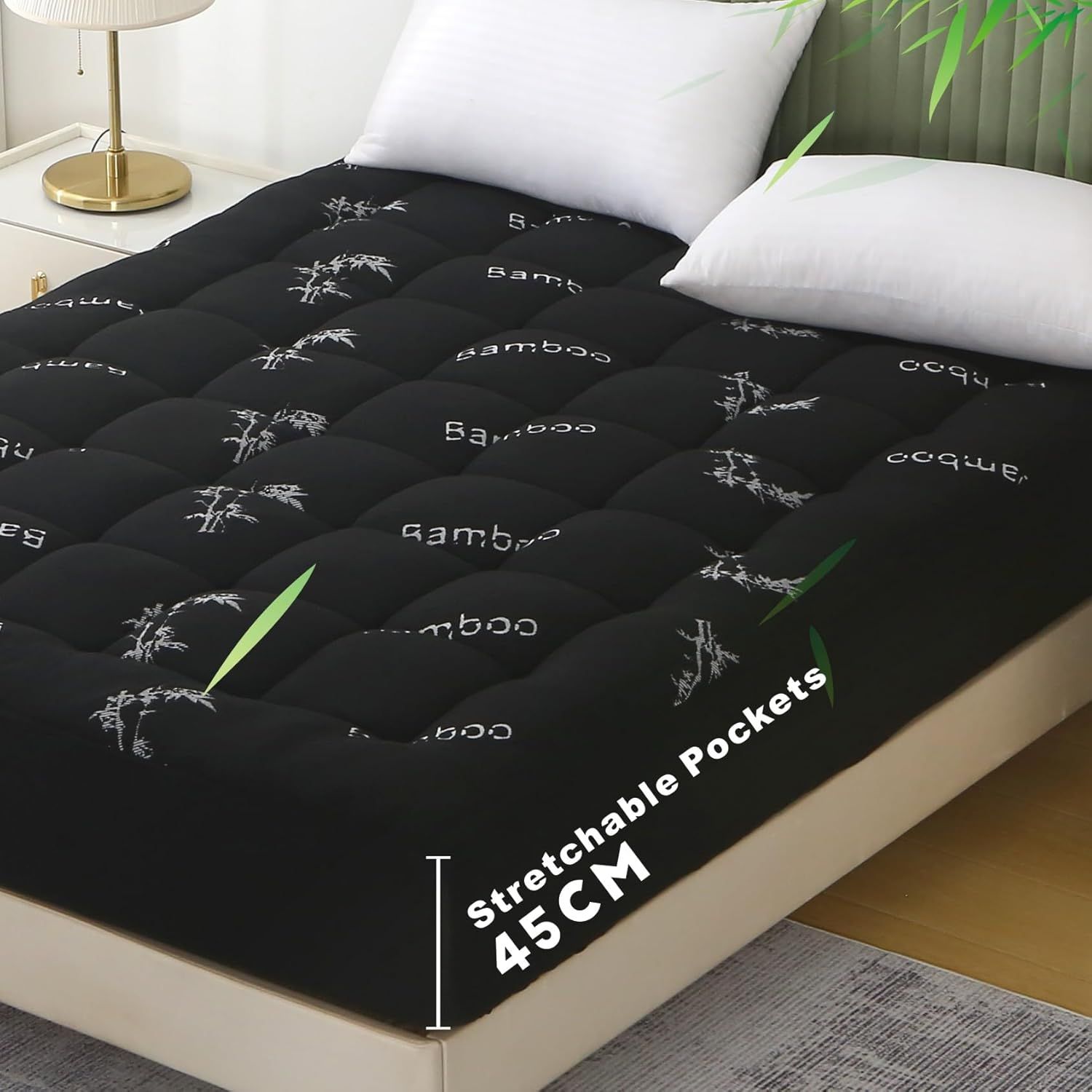 Premium 800GSM Bamboo Viscose Mattress Topper King Single Black 45cm Deep Skirt