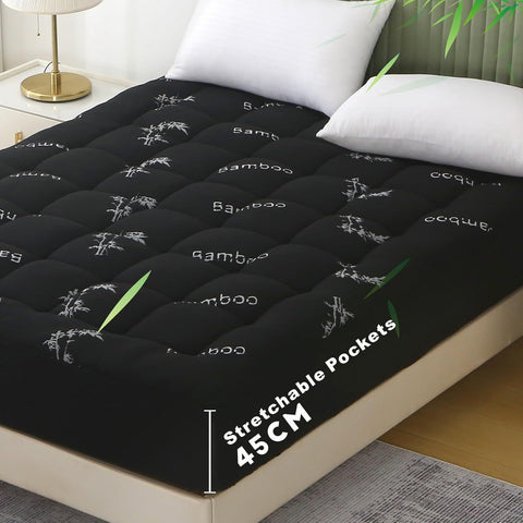 Premium 800GSM Bamboo Viscose Mattress Topper Queen Black 45cm Deep Skirt