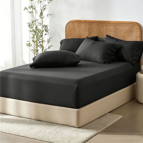 3 Piece Bamboo Blend Cooling Fitted Sheet Set with Pillowcases - Black Double