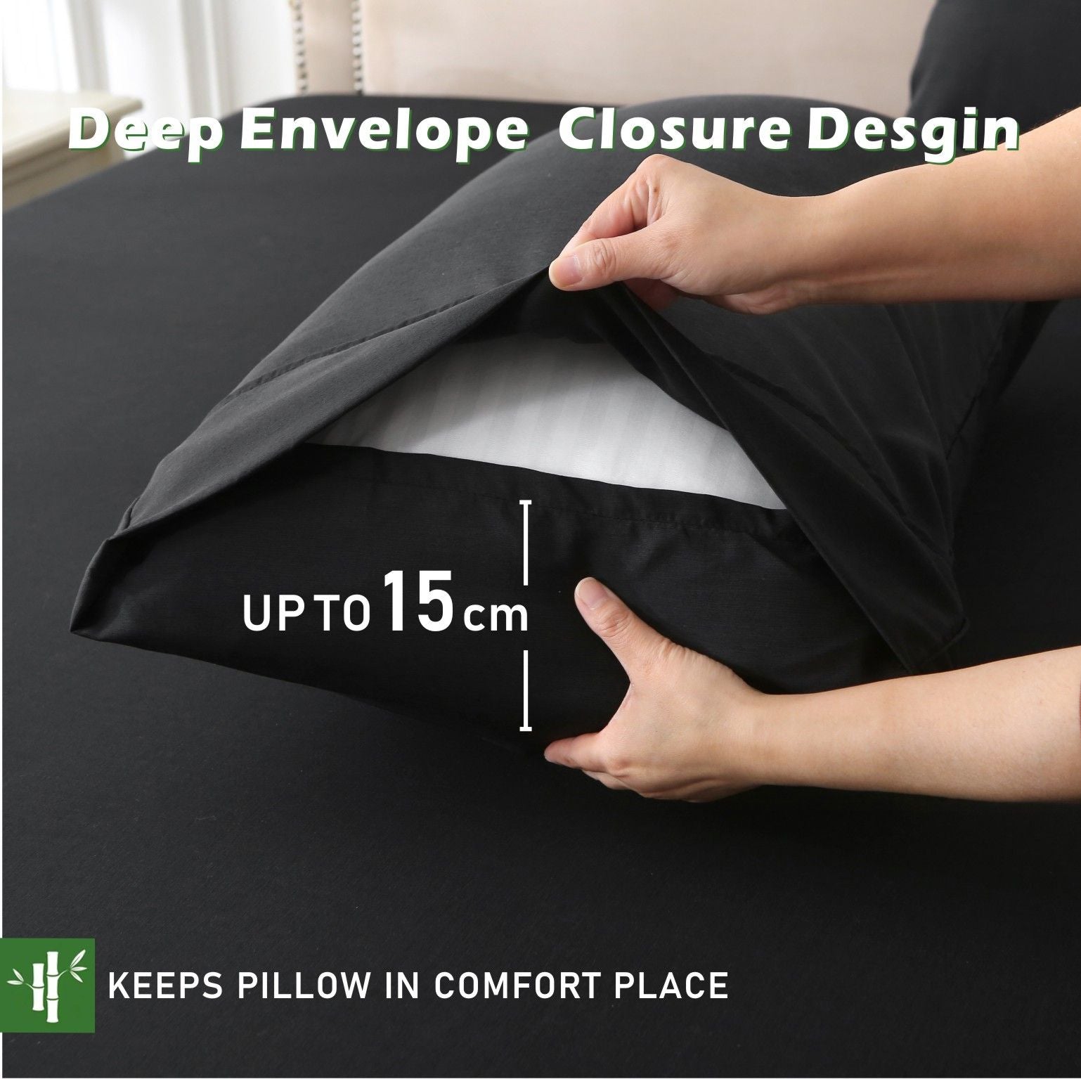 3 Piece Bamboo Blend Cooling Fitted Sheet Set with Pillowcases - Black Double