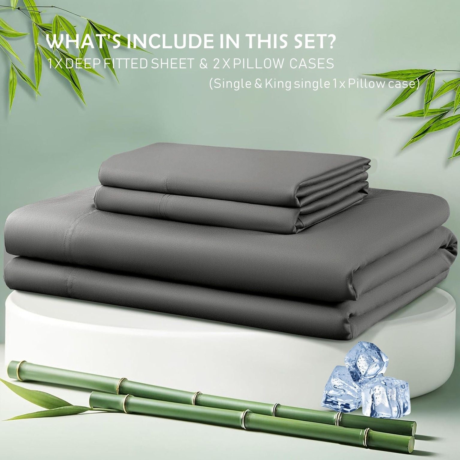 3 Piece Bamboo Blend Cooling Fitted Sheet Set with Pillowcases - Grey Double
