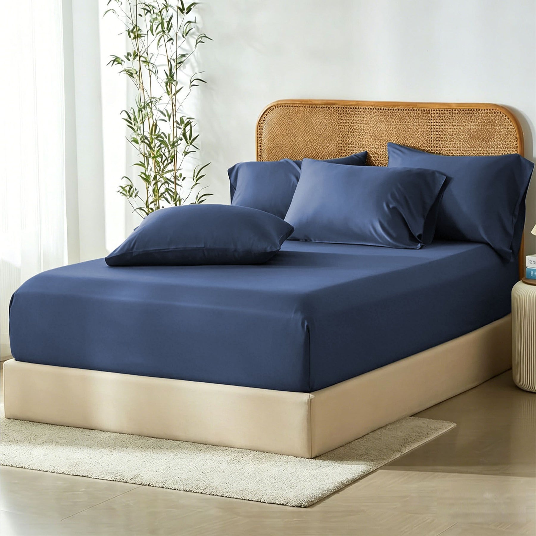 3 Piece Bamboo Blend Cooling Fitted Sheet Set with Pillowcases - Navy Double