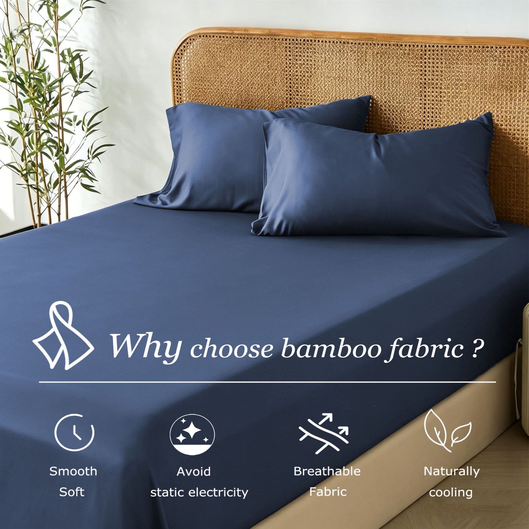 3 Piece Bamboo Blend Cooling Fitted Sheet Set with Pillowcases - Navy Double