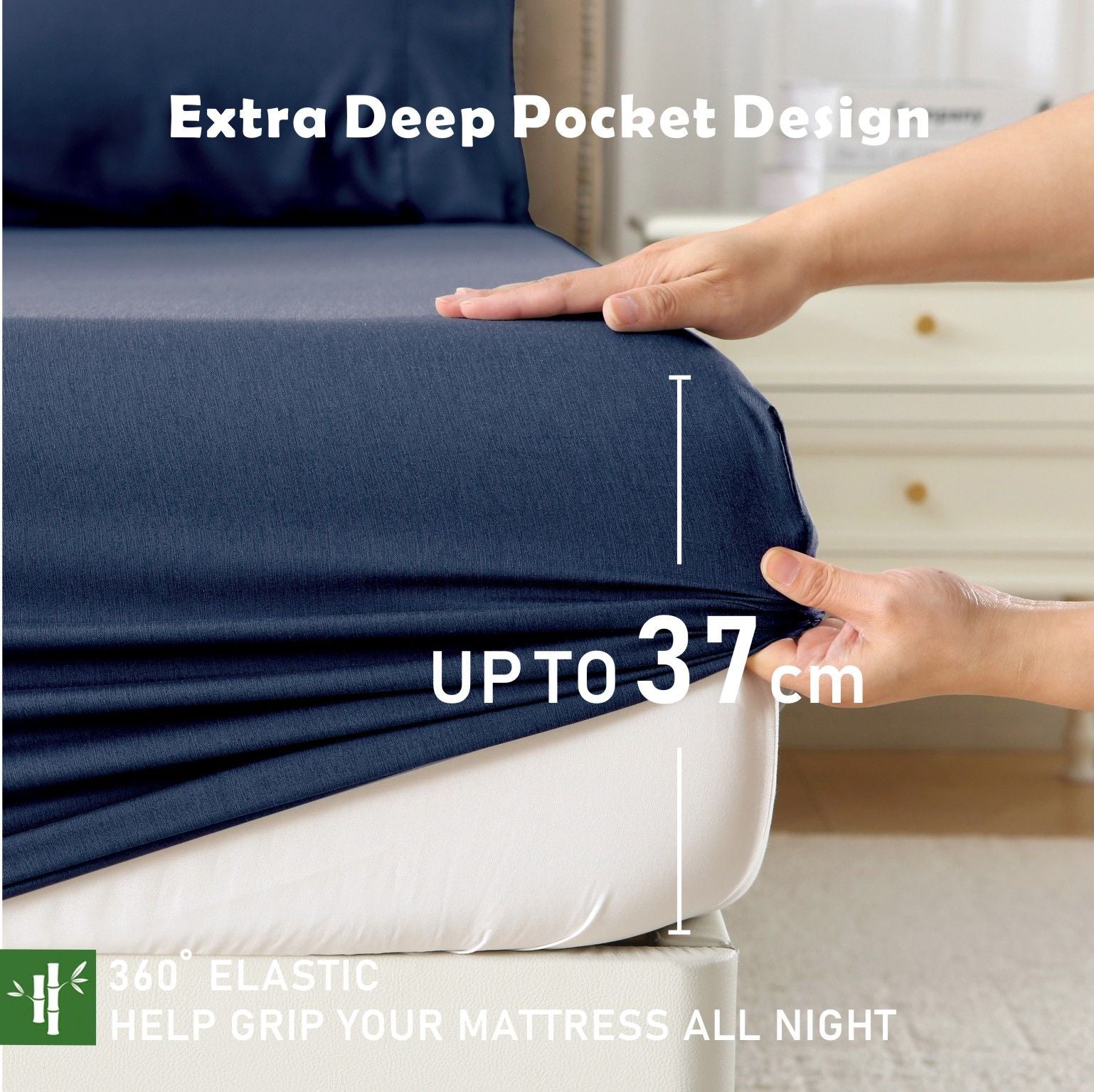3 Piece Bamboo Blend Cooling Fitted Sheet Set with Pillowcases - Navy King