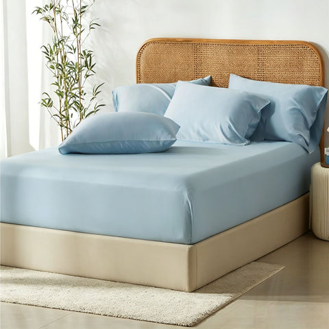 3 Piece Bamboo Blend Cooling Fitted Sheet Set with Pillowcases - Sky Blue King