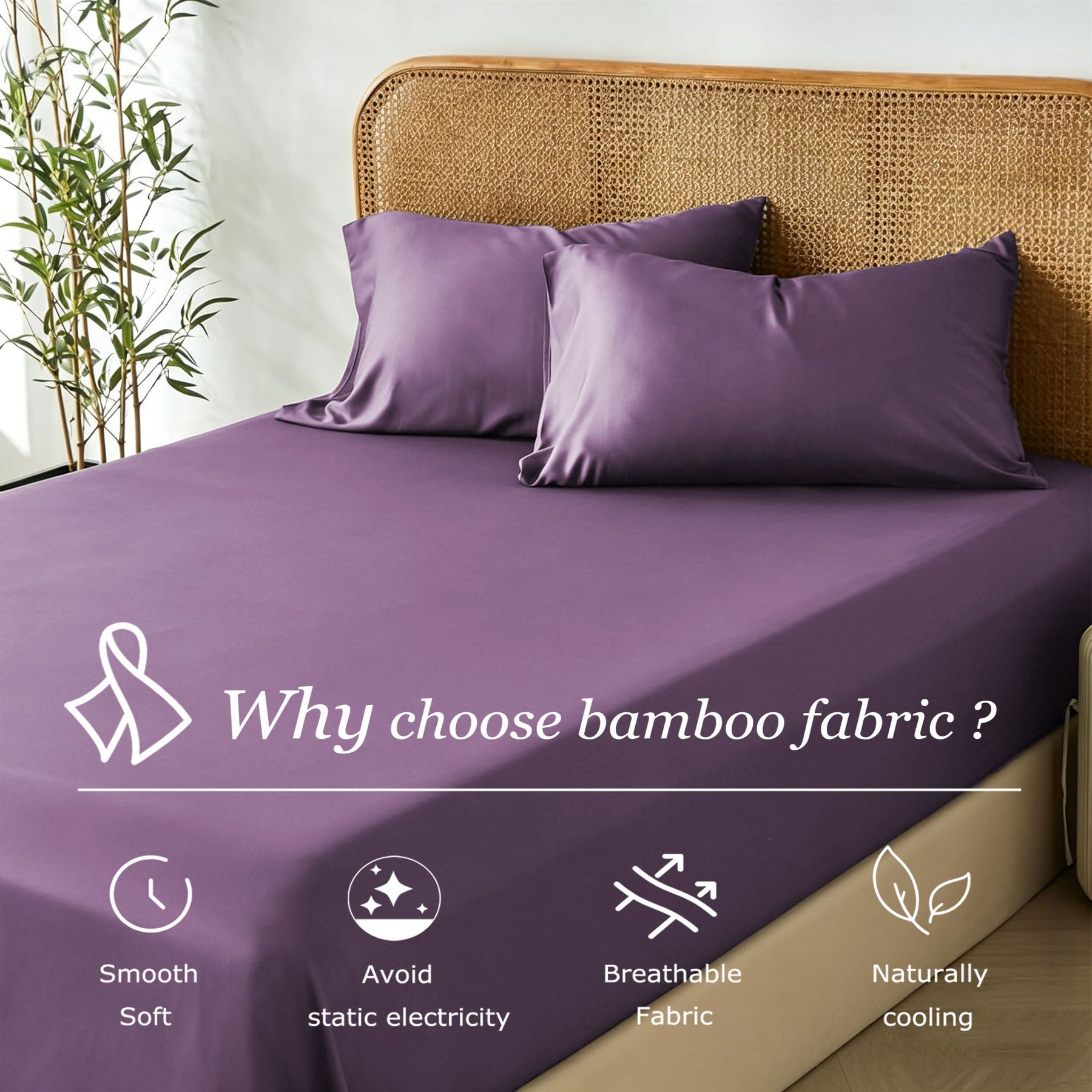 3 Piece Bamboo Blend Cooling Fitted Sheet Set with Pillowcases - Purple King