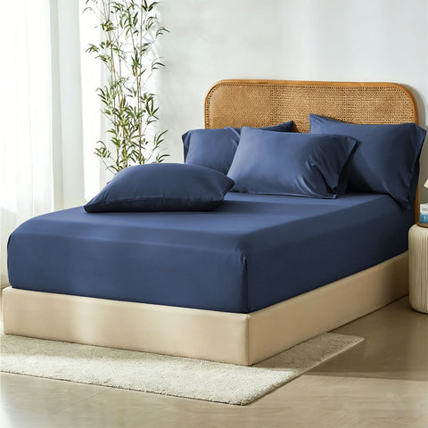 2 Piece Bamboo Blend Cooling Fitted Sheet Set with Pillowcase - Navy King Single