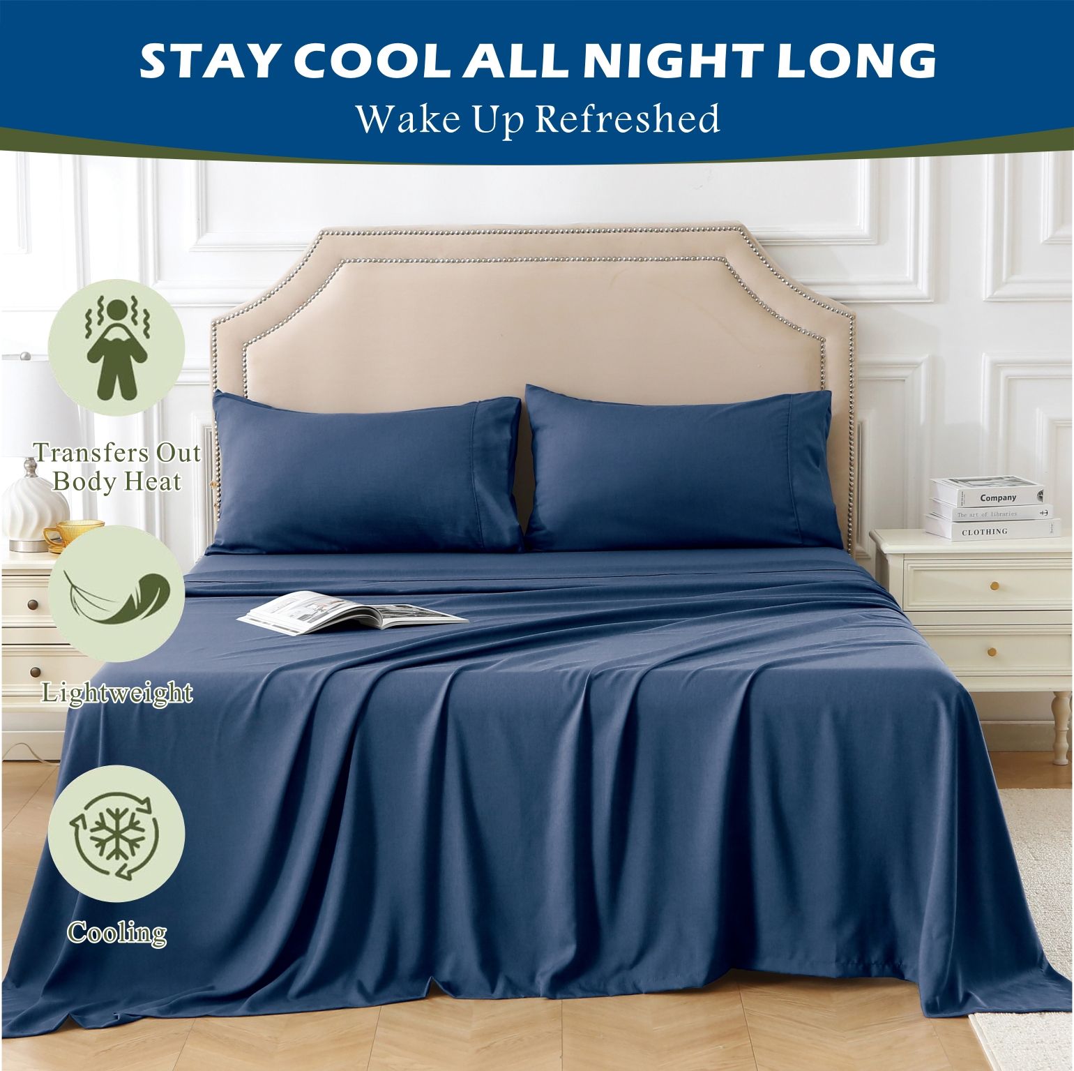 2000TC Bamboo Blend Cooling Sheet Set - 4 Piece, Navy, Queen