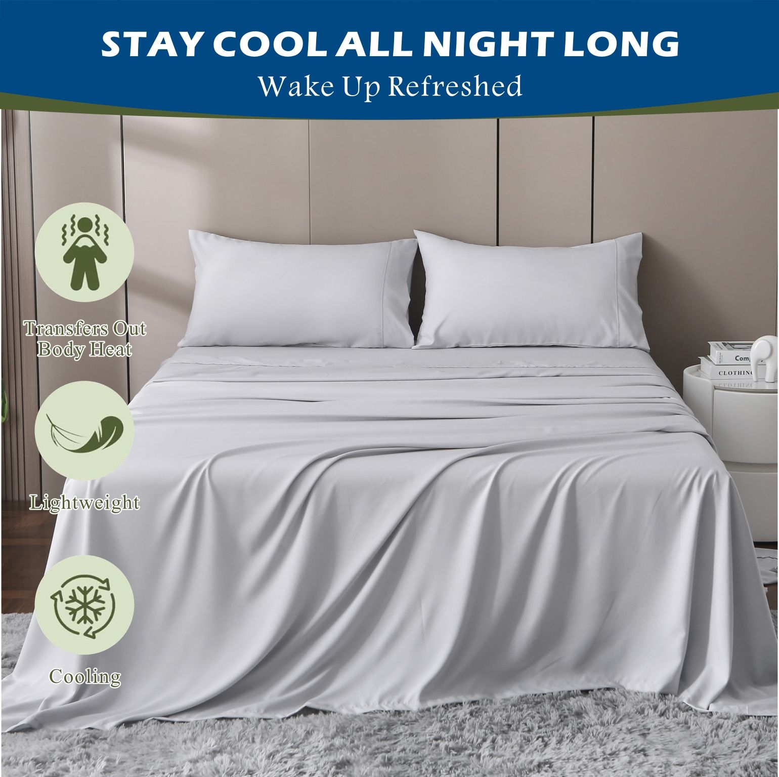 2000TC Bamboo Blend Cooling Sheet Set - 3 Piece, Silver Gray, Single