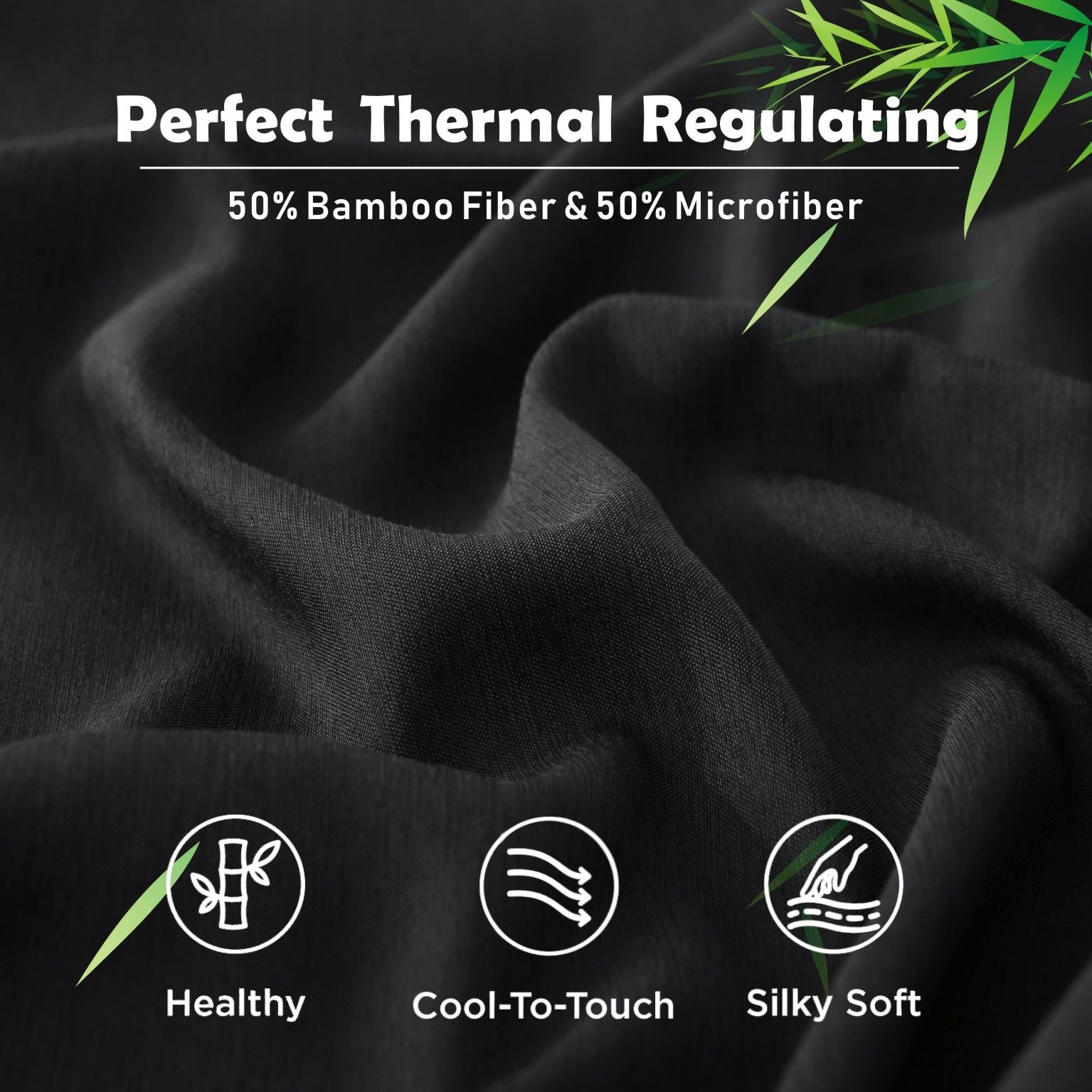 3 Piece Bamboo Blend Cooling Fitted Sheet Set with Pillowcases - Black Super King