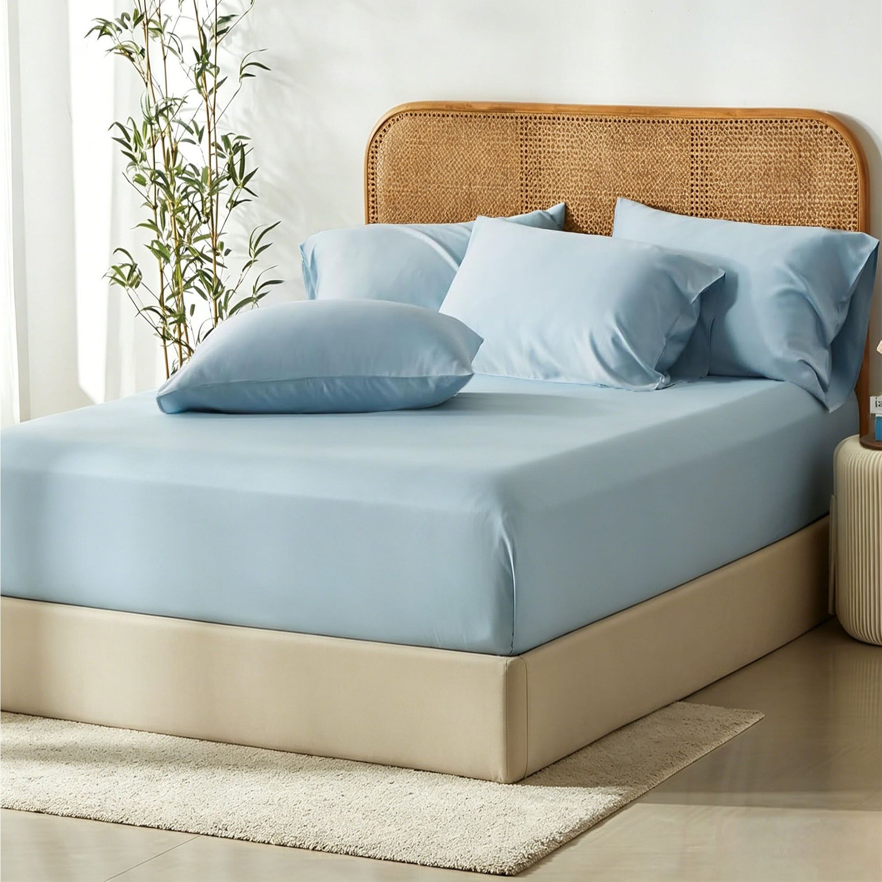 3 Piece Bamboo Blend Cooling Fitted Sheet Set with Pillowcases - Sky Blue Super King