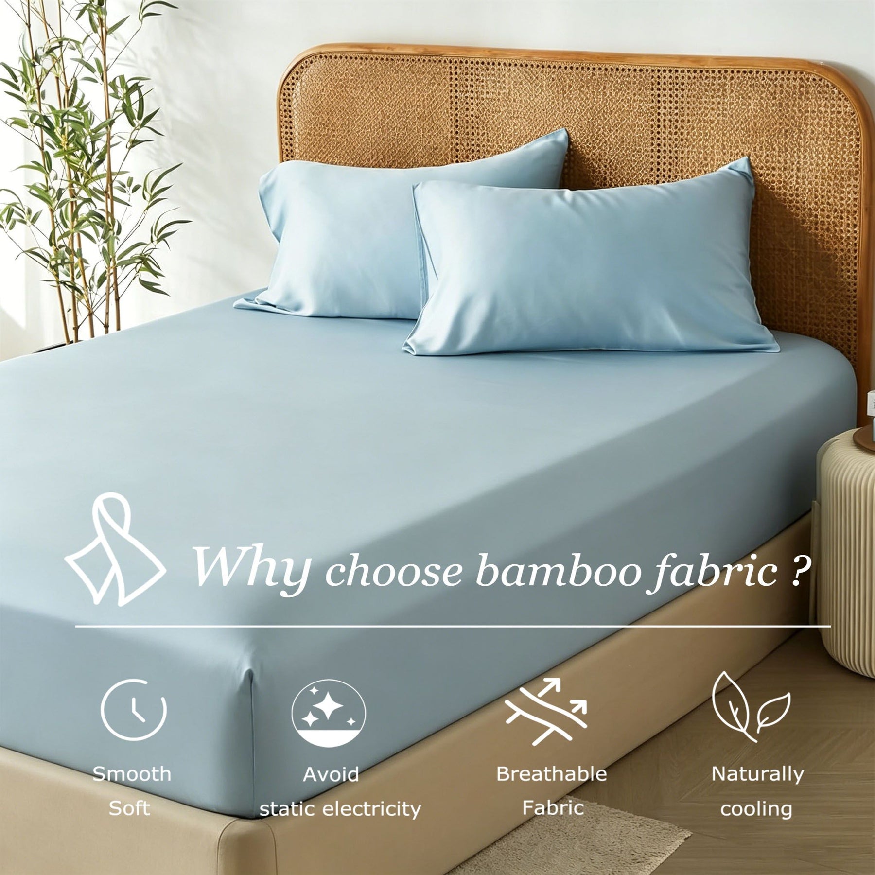3 Piece Bamboo Blend Cooling Fitted Sheet Set with Pillowcases - Sky Blue Super King