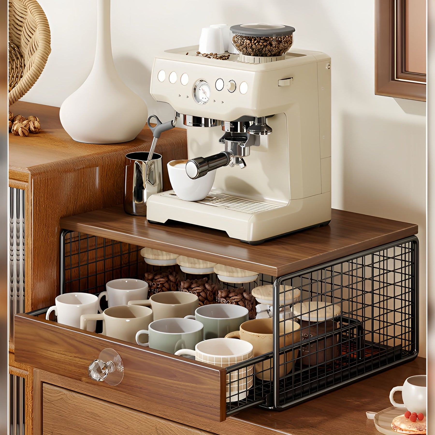 Coffee Machine Stand with Capsule Drawer and Wire Basket