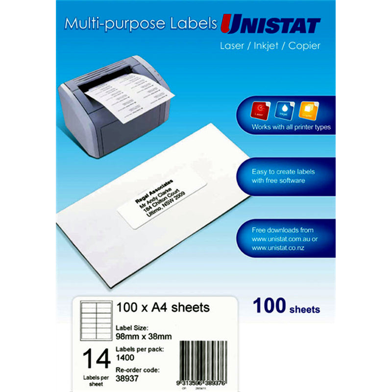 Unistat LIP Label 98X38mm 14Up Pack of 100 - Self-Adhesive, Natural White - SuperSaverAU - view 1