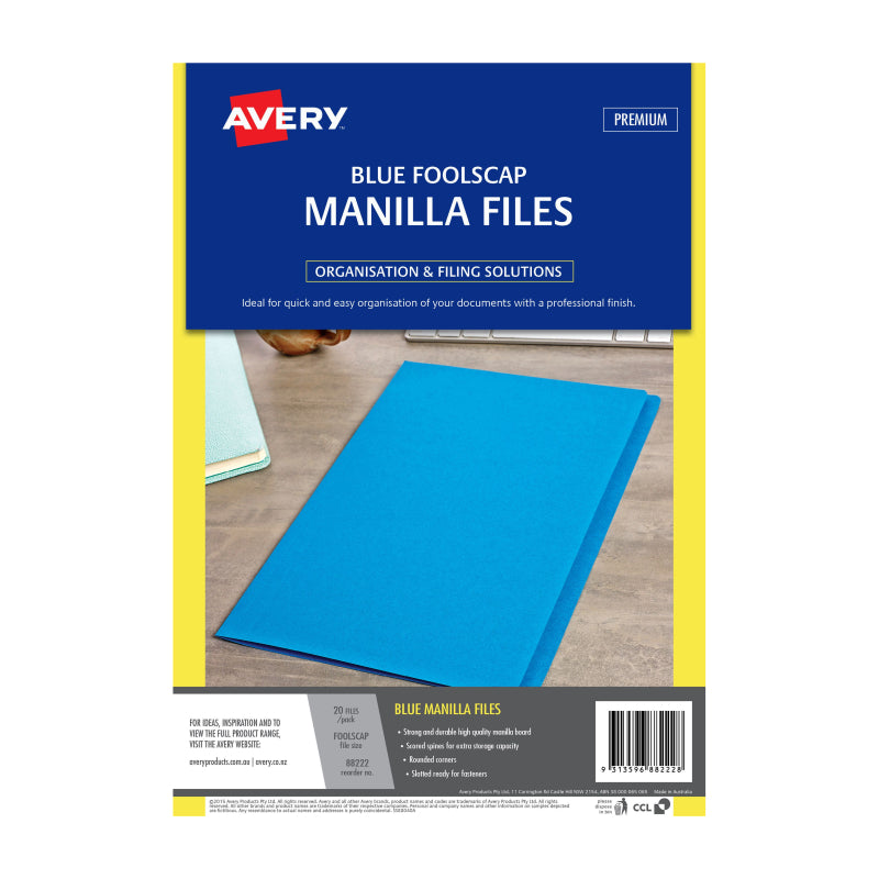AVERY Manilla Folder Blue Foolscap Pack of 20 - Durable for Projects & Archiving - SuperSaverAU - view 1