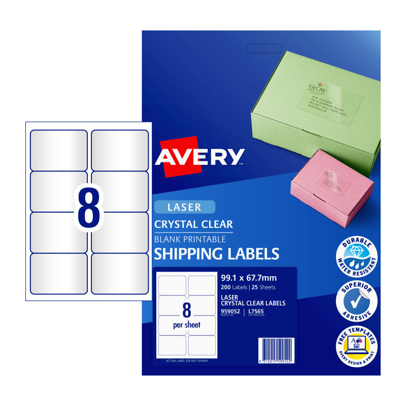 AVERY Laser Label Clear L7565 8-Up Pack of 25 Sheets - SuperSaverAU - view 1