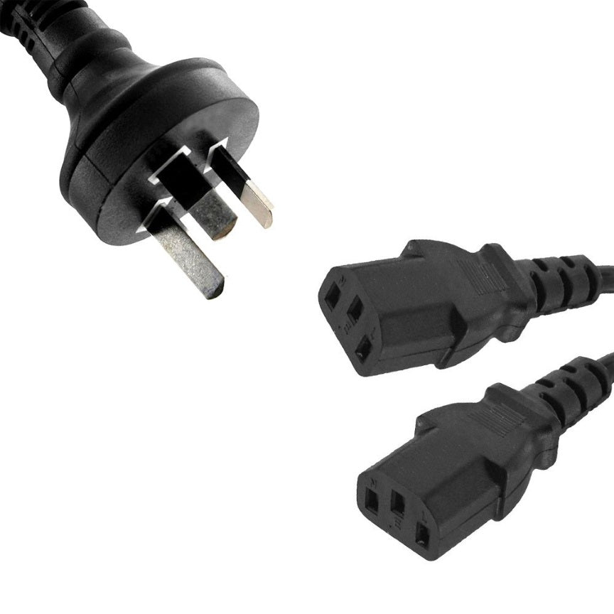 8WARE 3m 10amp Y Split Power Cable with AU/NZ 3-pin Male Plug 2xIEC F C13 Socket & Cord for PC & Monitor to Wall Power Socket CBPOWERY - SuperSaverAU - view 1