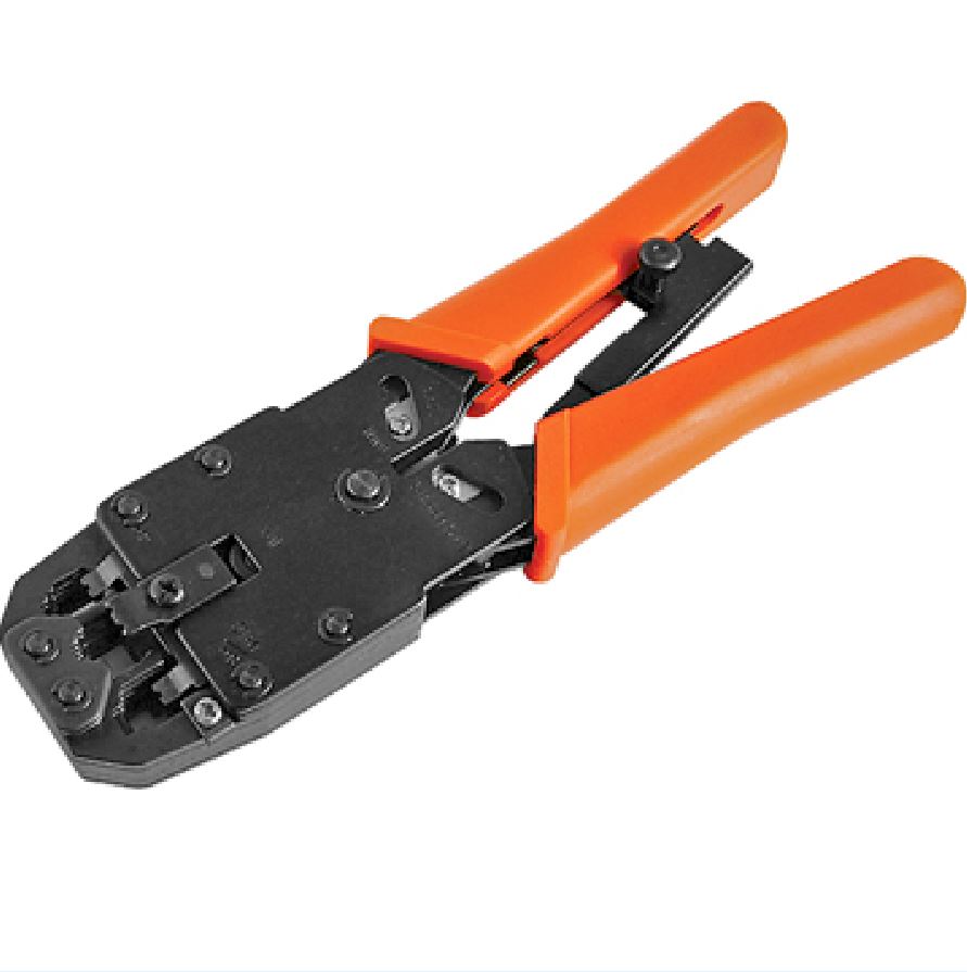 ASTROTEK 8 pins RJ-45 6 pins RJ-12 4 pins RJ-11 Crimper Cut Strip Crimping Tool Kit with Ratchet Orange Colour Hood RoHS CBC-RJ1245 - SuperSaverAU - view 1